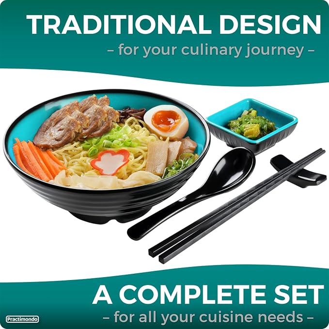 Unbreakable Ramen Bowl Set with Chopsticks and Spoon: 2 large Japanese Style Melamine Ramen Bowls, Dipping Bowls and Chopstick Stands for Asian Pho Soup Thai Miso Udon Wonton (2 Bowl Set, Teal-Black)