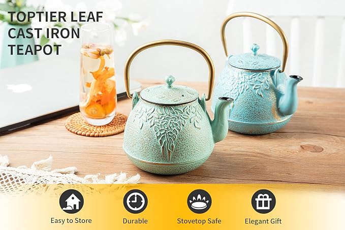 Tea Kettle, TOPTIER Japanese Cast Iron Teapot with Infuser for Loose Leaf and Tea Bags, Stovetop Safe Cast Iron Tea Kettle Coated with Enameled Interior for 40 oz (1200 ml), Light Green