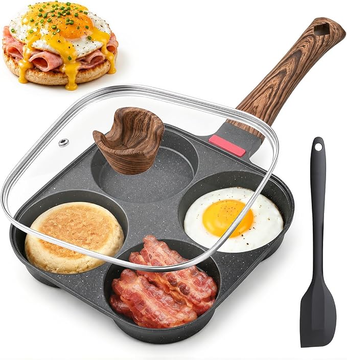 4 Cup Egg Pan with Lid, Nonstick Fried Egg Skillet for Breakfast, Black | Aluminum Non Stick, Bakelite Handle, For Pancake, Burger, Sandwiches, Suitable For Gas Stove & Induction Cooktop