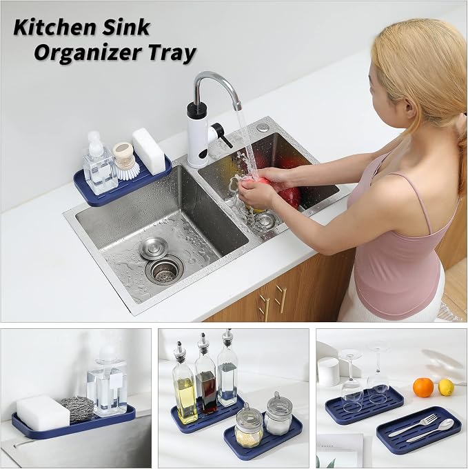 MicoYang Silicone Kitchen Sink Organizer Tray for Multiple Usage,Eco-Friendly Sponges Holder for Kitchen Bathroom Counter or Sink,Dish Soap Dispenser,Scrubber,Bottle,Cup (Navy Blue, 10"×5.3")