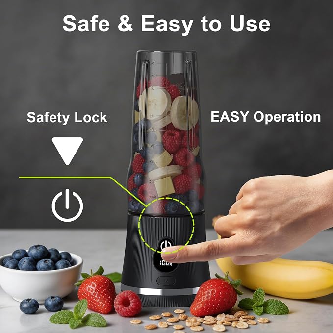 Portable Blender for Smoothies & Shakes, 17oz Personal Blender with 6 Stainless Steel Blades, USB-C Rechargeable, LED Display, Compact Travel Juicer with Extra Lid for Gym, Office & On-the-Go, Black