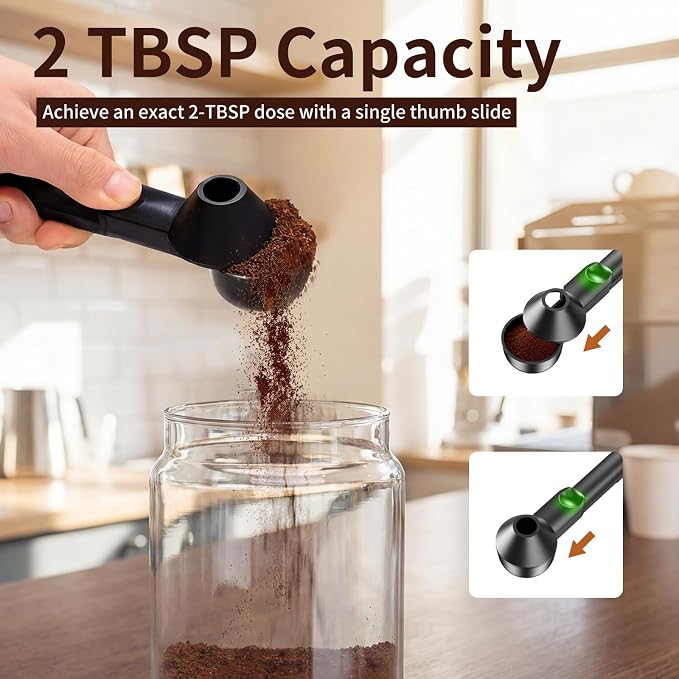 2 Pcs Coffee Scoop with Funnel for Reusable K Cup, 2 TBSP Measuring Spoon | Mess-Free Funnel Design, Sliding Leveler for Precise 2 TBSP, Long Handle for Ground Coffee, Protein Powder & Tea
