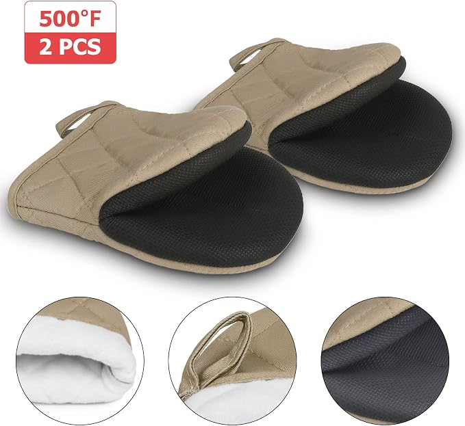 Goldmeet Mini Oven Mitts 2-Pack, 7"x5.5", 500°F Silicone Grip, Light Brown | Non-Slip, Heat Resistant, Machine Washable, Hanging Loop, Fits Small Hands, for Baking Grilling BBQ Cooking