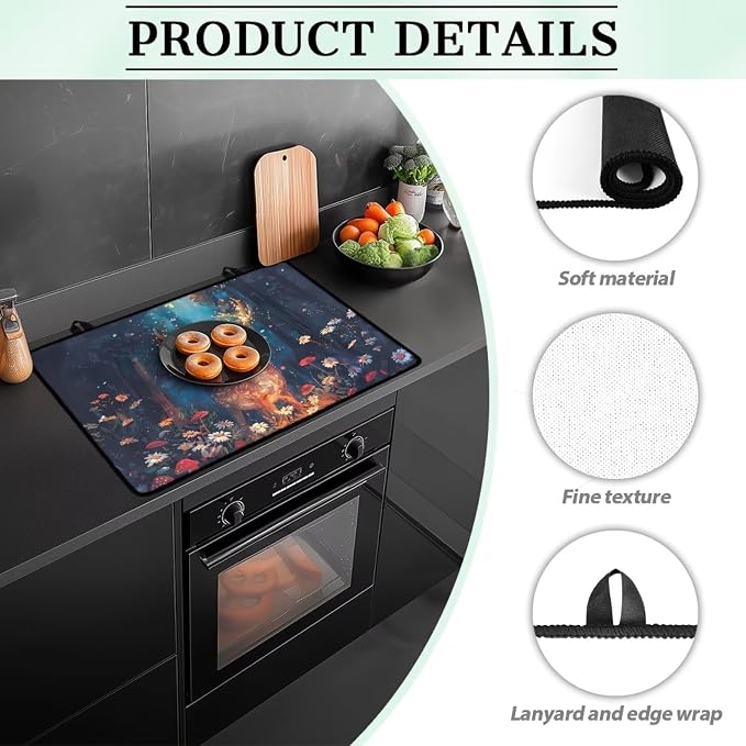 Reindeer Mushroom Daisy Flower Tree Print Electric Stove Top Cover Anti-Slip Stovetop Protector Pad 29.18 x 20.96 inch Glass Cooktop Cover Dish Drying Mat Range Covers for Friend
