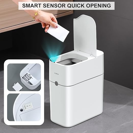 funest Bathroom Trash Can, Automatic Bagging Garbage Can, 3.5 Gallon Slim Smart Small Plastic Trash Bin, Narrow Motion Sensor Trash Can for Bedroom, Office White