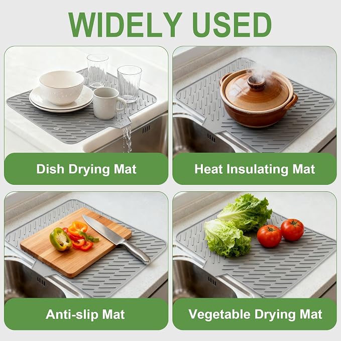 Silicone Dish Drying Mat for Kitchen Counter, Gray-1pcs, 23" x 17" | Heat Resistant & Non-Slip Dish Drain Pad with Built-In Drain, Dishwasher Safe, Quick-Dry, Hangable & Roll-Up for Storage