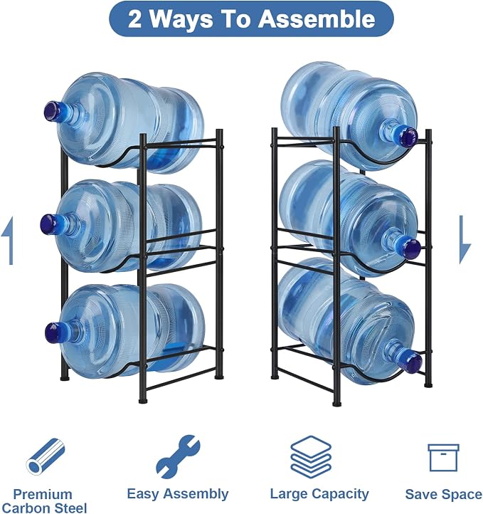 smusei 5 Gallon Water Bottle Jug Holder 3 Tier Heavy Duty Cooler Jug Storage Rack Detachable Bottle Organizer Shelf for Home Kitchen Office Space Save, Black