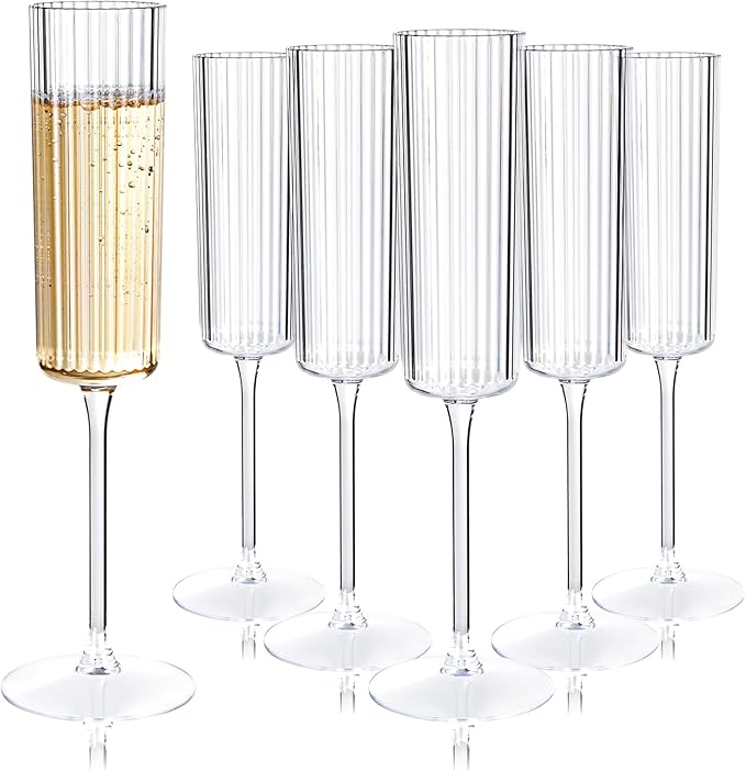 Ciaell 24 Pack Plastic Champagne Flutes for Weddings Birthdays | 6 oz Clear Long Stem Vintage Ribbed Mimosa Glasses, Heavy Duty Plastic, Champagne Mimosas Wine for Parties Bars Brunch