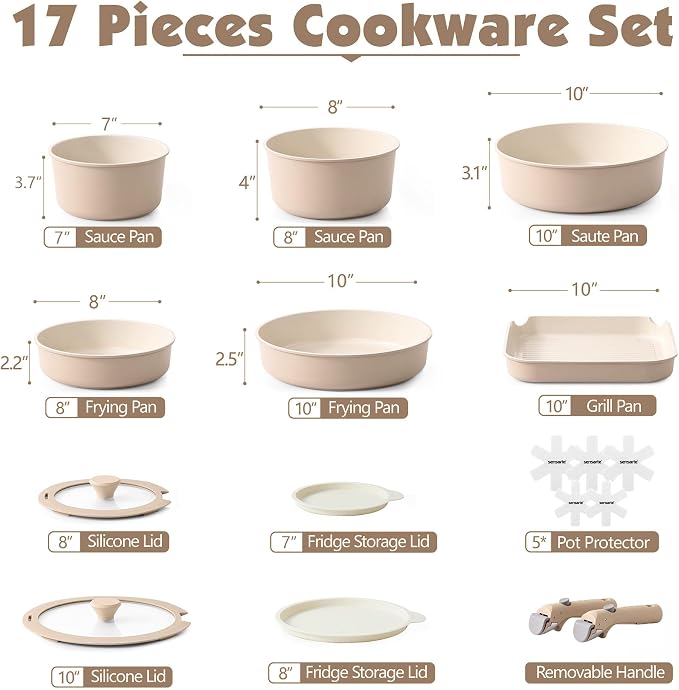 SENSARTE 17 Piece Ceramic Detachable Handle Pots and Pans Set Almond Beige | Ceramic Cookware Set, Induction Cookware Set with Removable Handle, Healthy Non Stick for RV, Dishwasher ＆ Oven Safe