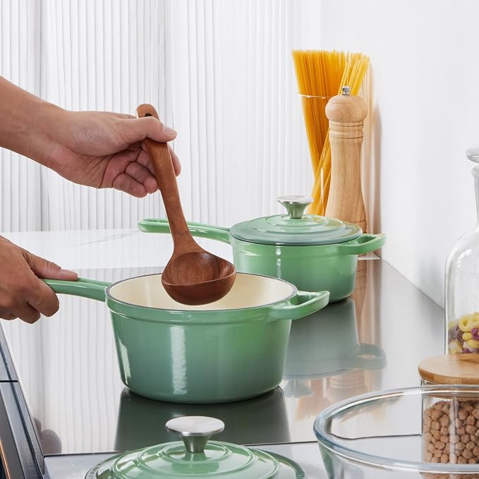 Leonyo 1Qt & 2Qt & 3Qt Enameled Cast Iron Saucepan Set, Pistachio Green | For All Cooktops Cooking Pasta, Milk, Oatmeal - Up to 500°F & Nonstick