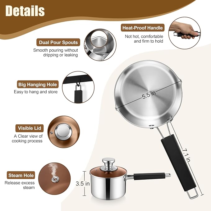 E-far 1 Quart Sauce Pan with Lid, Stainless Steel Tri-Ply All Clad Small Cooking Pot with Pour Spout, Multipurpose Induction Saucepan & Stay-Cool Handle, Compatible with All Cooktops, Dishwasher Safe