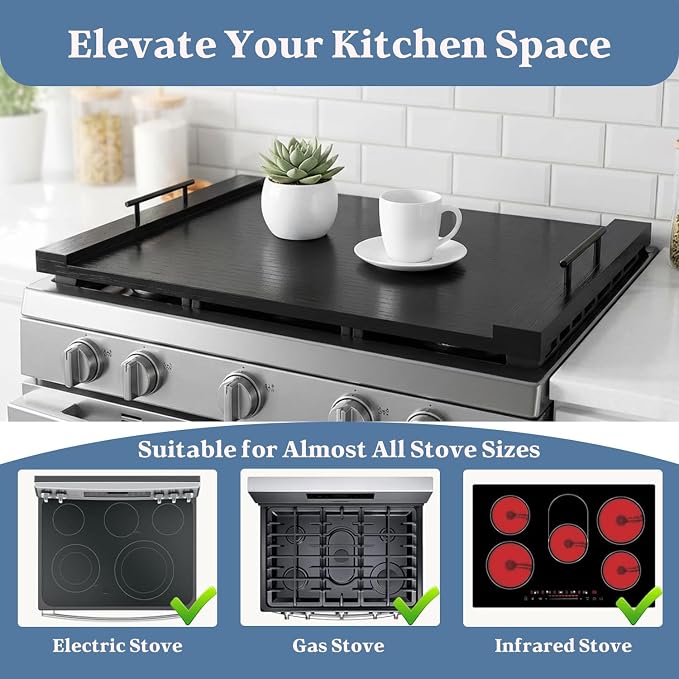 Wooden Stove Top Cover 30x22 with Handles for Gas Electric, Sink | coffee bar or serving station - Use this noodle board stove cover to keep everyday essentials organized and within reach.
