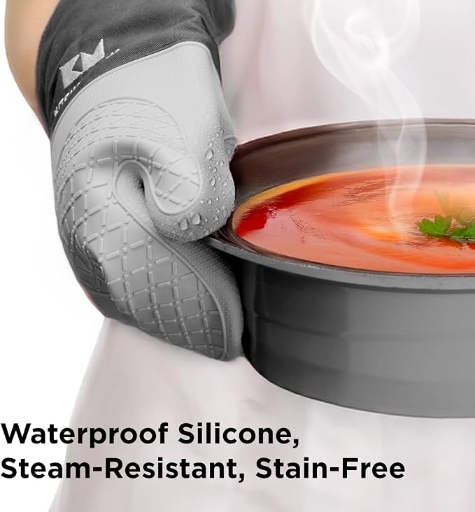 Kitchen Mama UltraShield Silicone Oven Mitts, Metal Gray | Heat Resistant, Non-Slip Surface, Waterproof, Flexible, Durable