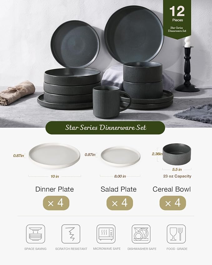 Famiware Star Stoneware Dinnerware Set, Reactive Glaze Plates & Bowls for 4 | 12-Piece Handmade Ribbed Dishes, Chip & Scratch Resistant Ceramic. Microwave & Dishwasher Safe, Rustic Modern, White & Black