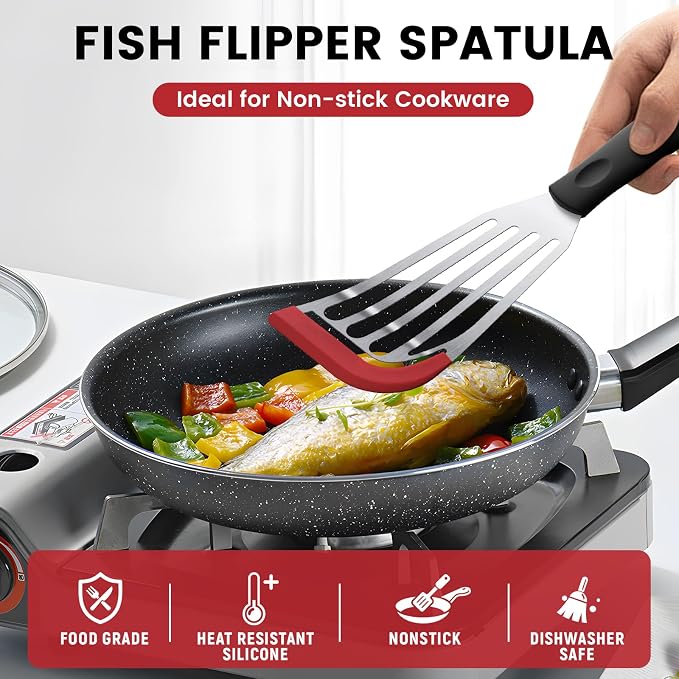 2Pcs Silicone Fish Spatula, Heat Resistant Silicone Edge for Nonstick Cookware, Fish Turner for Kitchen Use, Flexible and Thin Stainless Steel Slotted Spatula, 12.2 * 3.42 Inch, Red