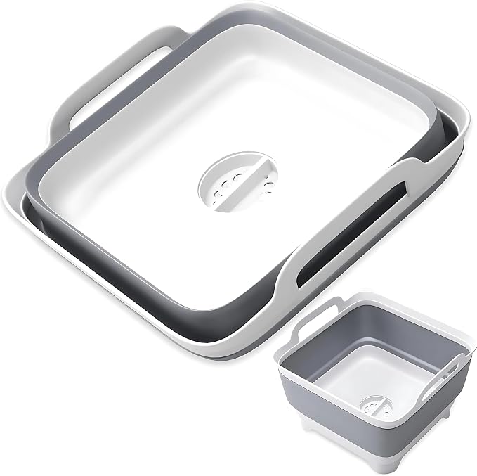 Collapsible Wash Basin with Drain Plug - 2.4 Gallon Foldable Wash Basin for Baby Bottles, Space-Saving Dish Pans for Washing Dishes in Sink, Collapsible Laundry Tub, Portable RV Camping Bin