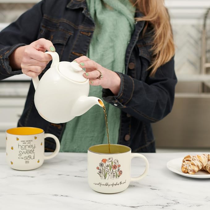 Christian Art Gifts Large Ceramic Coffee & Tea Mug for Women & Friends: Sweet Friendship - Proverbs 27:9 Scripture, Cute Microwave/Dishwasher Safe Floral Cup, Sage Green/White, 15 oz. (Pack of 2)