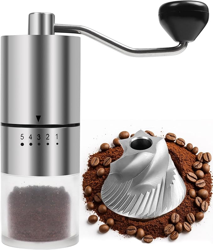 Stainless Steel Burr Manual Coffee Grinder For Drip,French Press,5 Adjustable Settings,Hand Mill with Built-In Burr,For Home Use and Camping (Stainless Steel burr-Sliver)