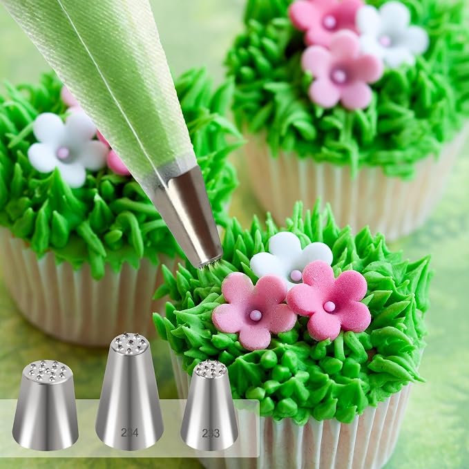 55pcs Grass Piping Nozzles and Bags Set, 2 Pastry Bag Ties, Grass Piping Tip Stainless Steel Icing Tips for Frosting Cupcakes Decoration DIY Baking Supplies