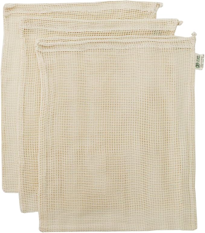 Reusable Produce Shopping and Storage Bags, Drawstring, Washable Organic Cotton Mesh, X Large 3 pack