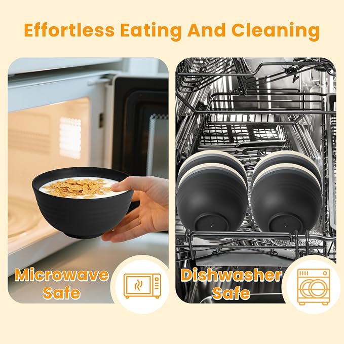 Premium Wheat Straw Bowls 8 PCS Unbreakable Bowl for Kitchen Cereal Bowls Lightweight Bowl Set, Reusable Microwave and Dishwasher Safe Bowl Set for Soup,Ramen,Salad(Grey Stone, 26 OZ)