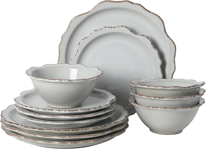 Gibson Elite Kennon Road Plates and Bowls Set, 12-Piece Dinnerware Set, White Scalloped Stoneware Dishes, Dinner Plates, Salad Plates & Cereal Bowls, Reactive Glaze