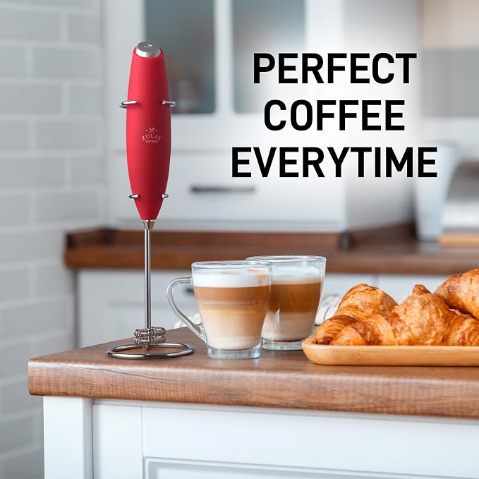 Zulay Kitchen Powerful Milk Frother Wand With Duracell Batteries - Ultra Fast Handheld Drink Mixer - Electric Whisk Foam Maker for Coffee, Lattes, Cappuccino & Matcha - Double Whisk - Red