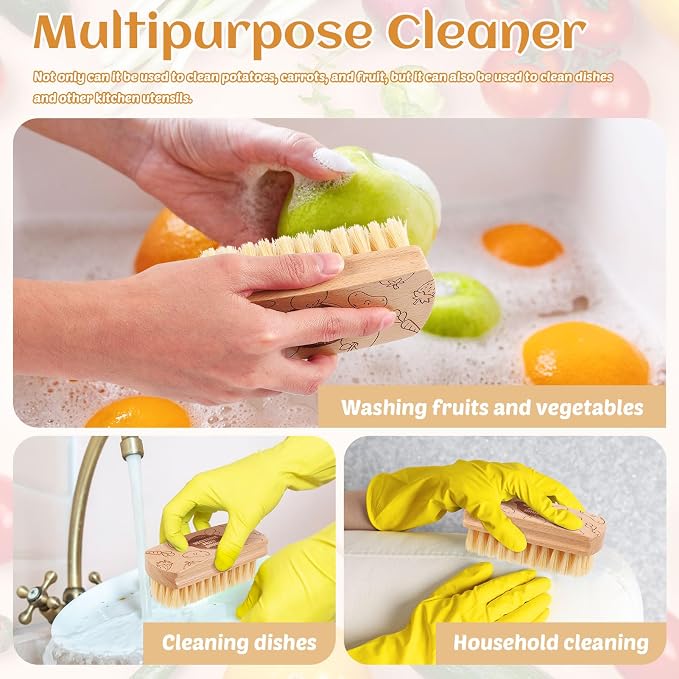 Vegetable and Fruit Cleaning Brush Scrubber Beechwood Handle Fruits Veggie Wash Brushes Potato Carrot Cucumber Mushrooms Washing Cleaner(Beige, 2)
