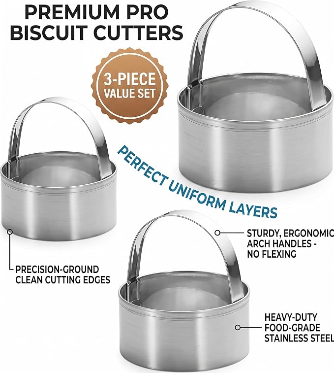 3 Pieces Round Biscuit Cutter with Handle - Stainless Steel Round Circle Doughnut Cutter Baking Molds Assorted Size