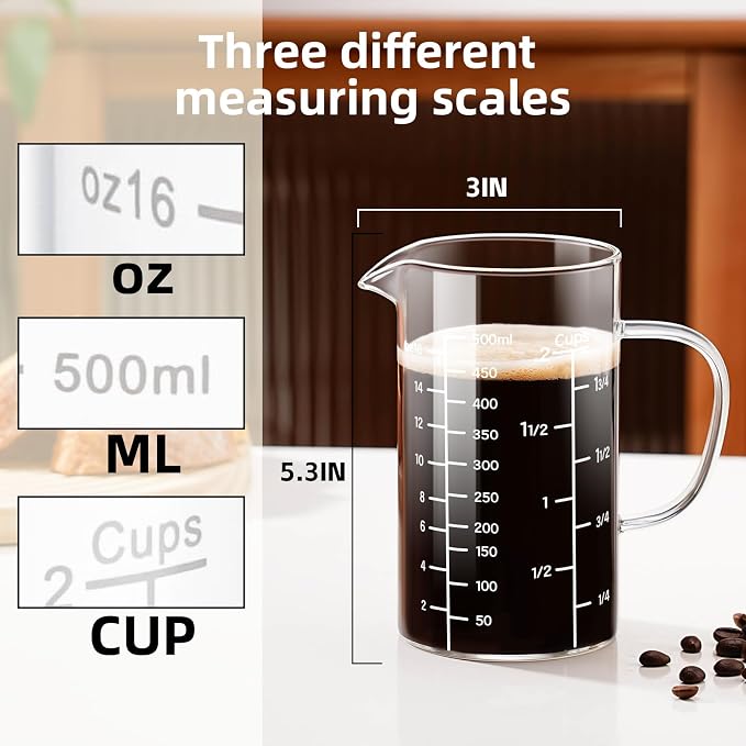PARACITY 2 Cup Glass Measuring Cup, Liquid Measuring Cups with three Scale and V-Shaped Mouth, Glass Coffee Cups with Handle, Glass Beaker for Kitchen or Restaurant 500 ML | Coffee measuring cup and glass beaker with spout and handle; 3 scales availabl...