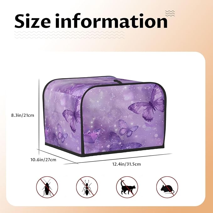 4 Slice Toaster Cover Butterfly Purple Pastel Dust Proof Washable Kitchen Appliance Cover with Pocket, Oxford Fabric Countertop Toaster Protector for Standard Toasters Small Appliances