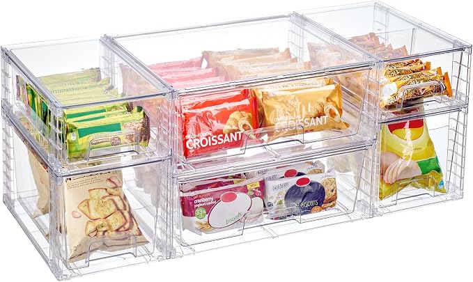Vtopmart Clear Stackable Storage Drawers, 6 Pack Mixed Size Set | Wide, Medium and Small Pull-Out PET Drawers Provide Flexible Sorting Options for Cabinets, Closets, Pantry