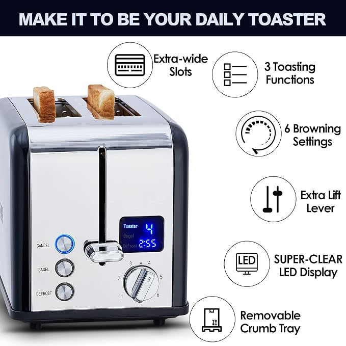 CUSIMAX 2 Slice Stainless Steel Toaster with Digital LED Display, Black | 1.5'' Wide Slots for Bagels & Thick Bread, Countdown Timer, 6 Browning Levels, Bagel/Defrost/Cancel, Removable Crumb Tray