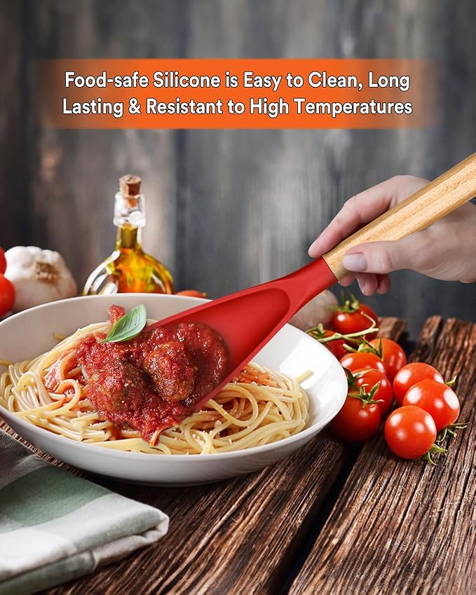 Multifunction Spoon for Nonstick Cookwares, Great for Cooking and Serving, Sturdy BPA-Free Matte Silicone, Wood Handle spoonula for Mixing, Scoop, and Scrape, Red(2 pack,11.4" & 13.4")