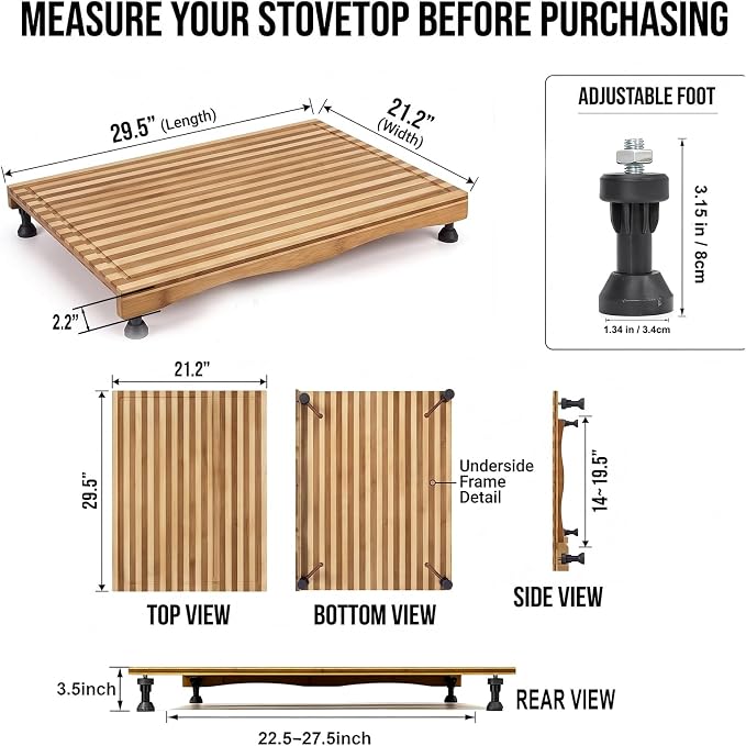 Bamboo Stovetop Cover & Countertop Cutting Board with Adjustable Legs, 29.5" x 21.2" Dual-Purpose Wood Chopping Block for Gas & Electric Burners, Extra Counter Space Saver for RV & Kitchen