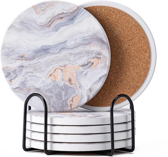 6Pcs Absorbent Coasters Set with Holder,Ceramic Drink Coaster,4 in（A8） | Marble Style Ceramic Drink Coaster,Suitable for Kinds of Cups,Modern Style Coaster for Coffee Table