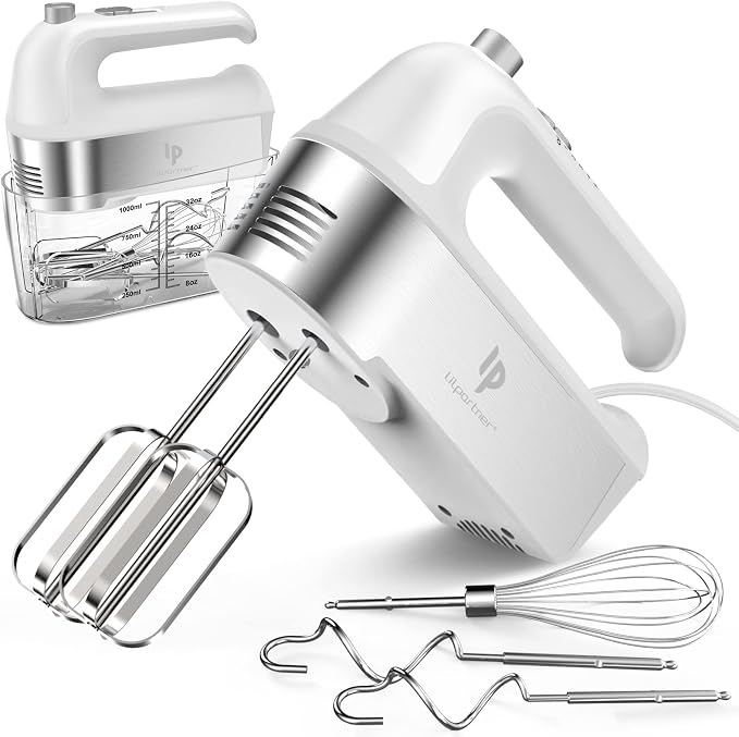 Hand Mixer Electric, 450W Kitchen Mixers with Scale Cup Storage Case, Turbo Boost/Self-Control Speed + 5 Speed + Eject Button + 5 Stainless Steel Accessories, For Easy Whipping Dough, Cream, White