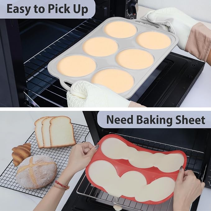 4 Inch Jumbo Silicone Muffin Top Pan with Frame Non Stick Egg Mold Baking | Silicone Egg Mold for Oven, Large Whoopie Pie Baking Pan with Handle for English Breakfast Sandwich Egg Bite Bun Tart Vnray