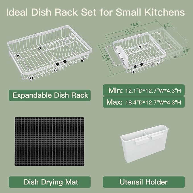 White Dish Drying Rack Over The Sink with Utensil Holder, Mat | Expandable Stainless Steel Dish Drainer for Small Kitchen, Apartment, RV, Counter Space Saving, Perfect Fit, Rustproof