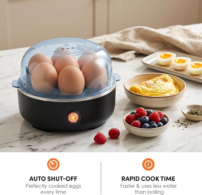 Elite Gourmet EGC115B Easy Egg Cooker, 7-Egg, BPA-Free, Classic Black | Cooks soft, medium, or hard-boiled eggs with auto shut-off - electric operation - includes measuring cup