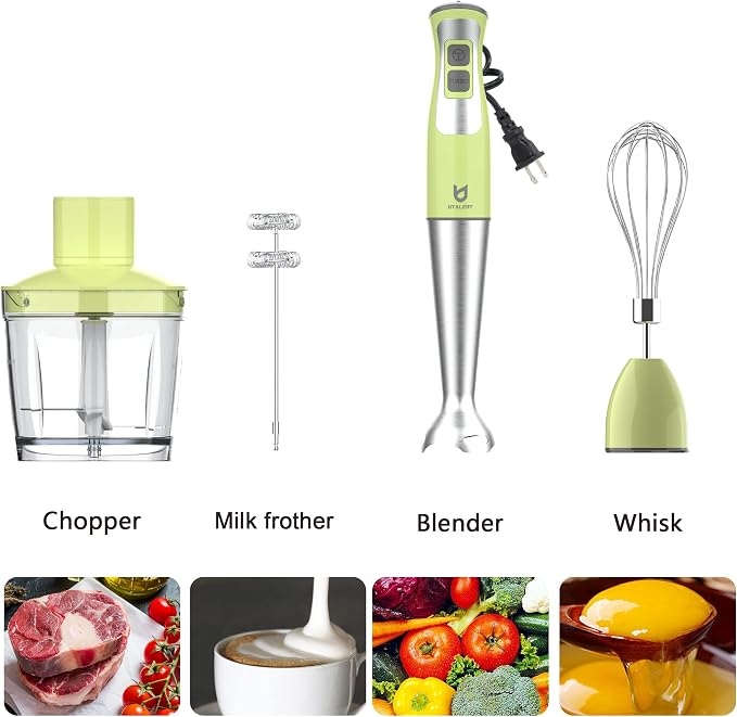 UTALENT Immersion Hand Blender with chopper - Puree Baby Food, Sauce & Soup | 8-speed, Pure Copper Winding Motor, 5.2 feet power cord, 4-point Ice crush blade, 500ml chopper, 600ml vessel, Whisk, Frother