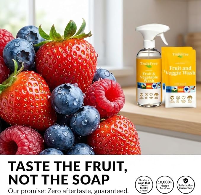 Truly Free Fruit and Vegetable Wash - Veggie Wash Removes 99% of Dirt & Wax | Plant-Based Produce Cleaner Spray | No Aftertaste, Refillable, Made in USA | Fragrance-Free, 16oz