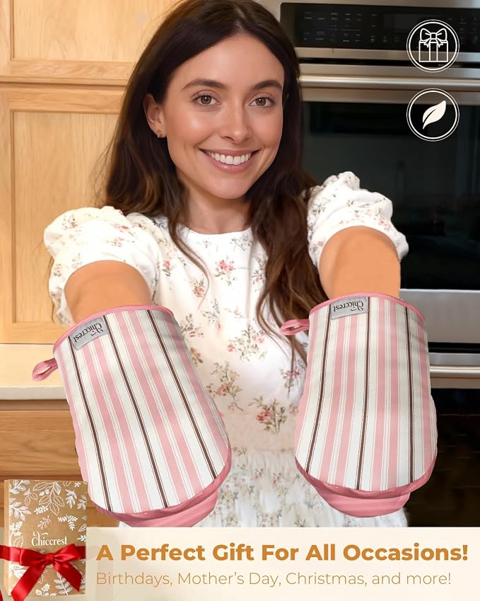 100% Thick Cotton Mini Oven Mitts Silicone Grip Pink Stripe | Elegant Classic Oven Mitts for Women, Machine Washable, Non-Slip, Reversible Design Fits Both Hands, Stylish Kitchen Decor