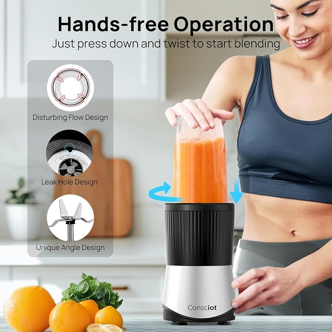 Consciot 11-Piece Blender for Kitchen and Personal Size, 900 Peak Watts | Blend Shakes & Smoothies, Frozen Drinks, Baby Food, Spreads & More, 3 Portable BPA-Free To-Go Cups, 2 Spout-Lids & 1 Flat-Lid