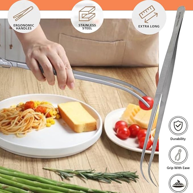 Professional Culinary Stainless Steel Precision Tongs with Serrated Tips, Plating/Food Presentation Detailing Serving Tongs, Chef's Kitchen Tweezer Tongs - Ultra Non-Slip Grip (10 Inch Curved)
