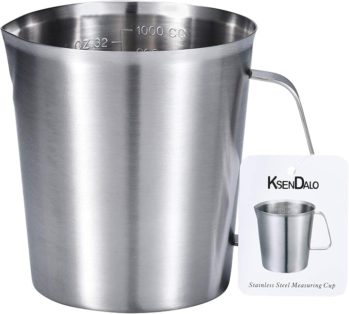 32Oz/4Cup Stainless Steel Pitcher (SUS304), 1 Liter Metal Container for Water, Milk, Liquid with Handle with Engraved Markings, Silver