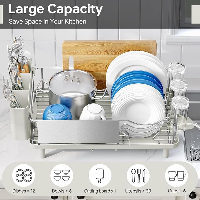 Urackify Dish Drying Rack, Stainless Steel Dish Rack with Auto Drain | Rustproof Dish Drainer with Cutlery Holder & Auto Drain, 16.9" L x 12.4" W Big Load for Plate Dish Sliverware, Light Geen