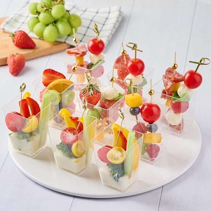 50 Sets 5 oz Plastic Charcuterie Cups with 100 Sticks, Square Appetizer Cups with Cocktail Picks Mini Party Serving Cups for Fruit, Snack, Dessert