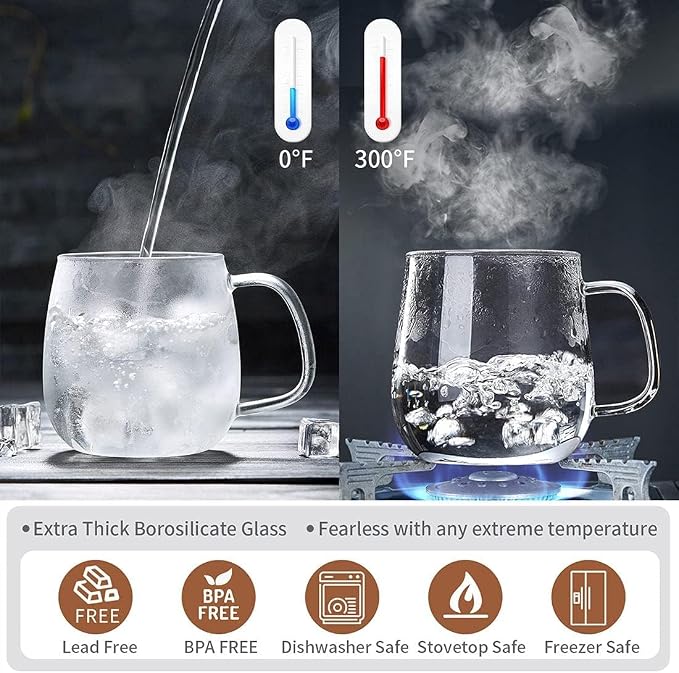 DOPUDO Glass Teacups 4 Pack Glass Tea Cup with Infuser and Lid, 17.6oz/520ml Large Borosilicate Teacup,Tea Clear Mug Cup for Loose Leaf Blooming Tea, Microwave & Dishwasher Safe.