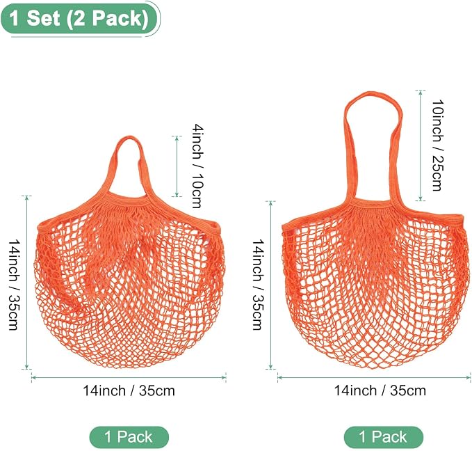 M METERXITY 2-Pack Cotton Mesh Bag, Reusable Washable Mesh Net String Grocery Bags, Reusable Produce Bags with Handle, Net Tote Bag for Fruits/Vegetables Shopping [Orange, Long&Short Handle]